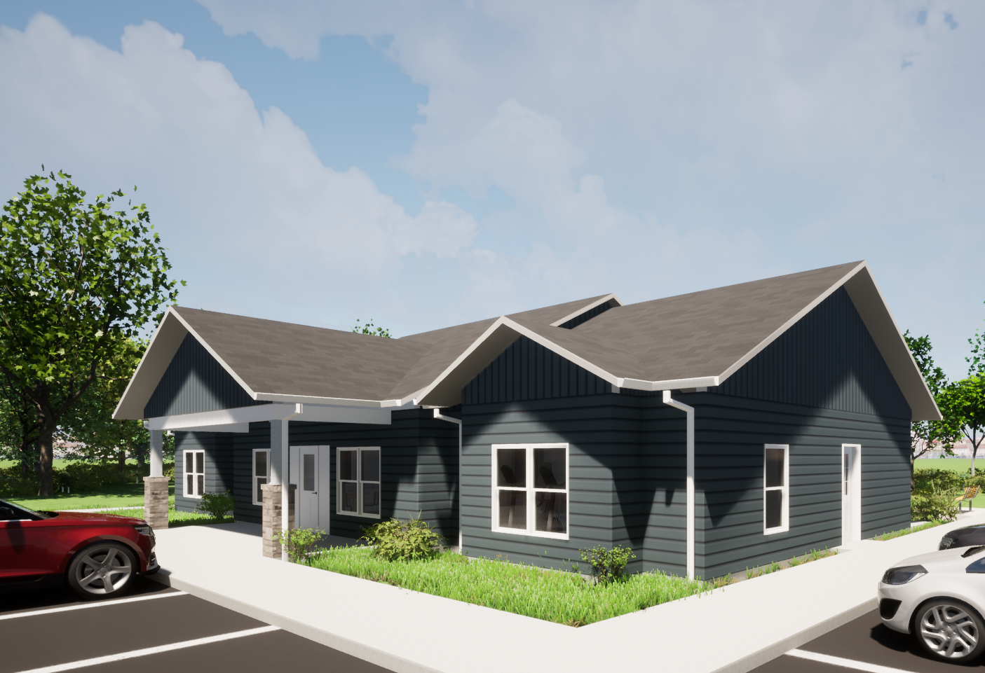 a rendering of a small house with cars parked in a parking lot